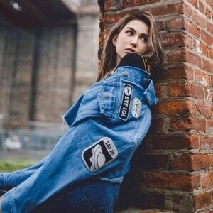 Jendes Denim Crop Jacket Women’s Small Blue Patchwork Boho Streetwear Y2K Button